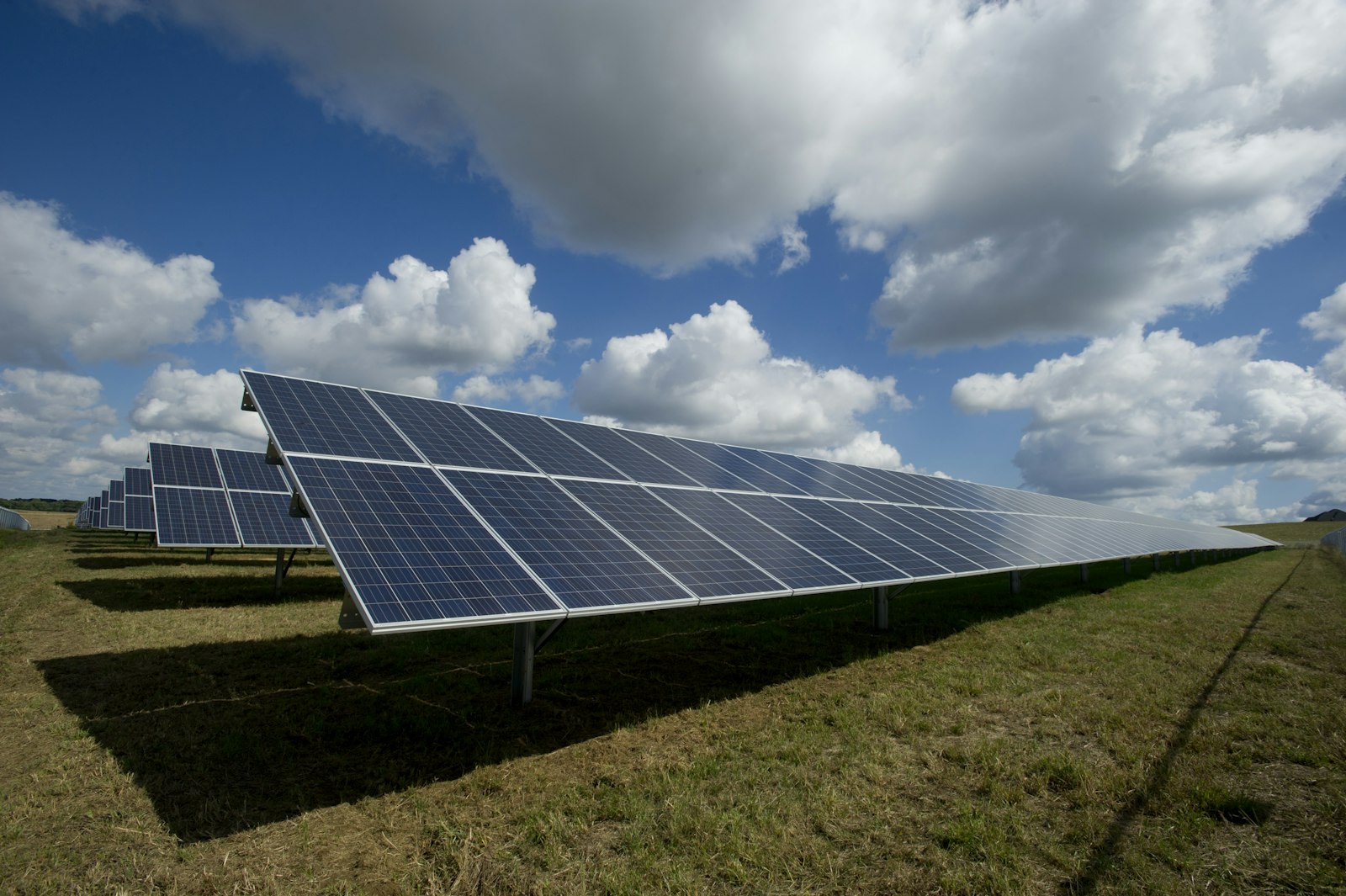 Wide landscape with solar panels and wind turbines in a green polder area